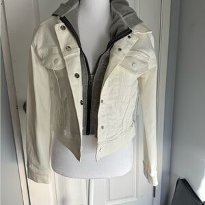 Athleta Cream Jean Jacket with Gray Hoodie